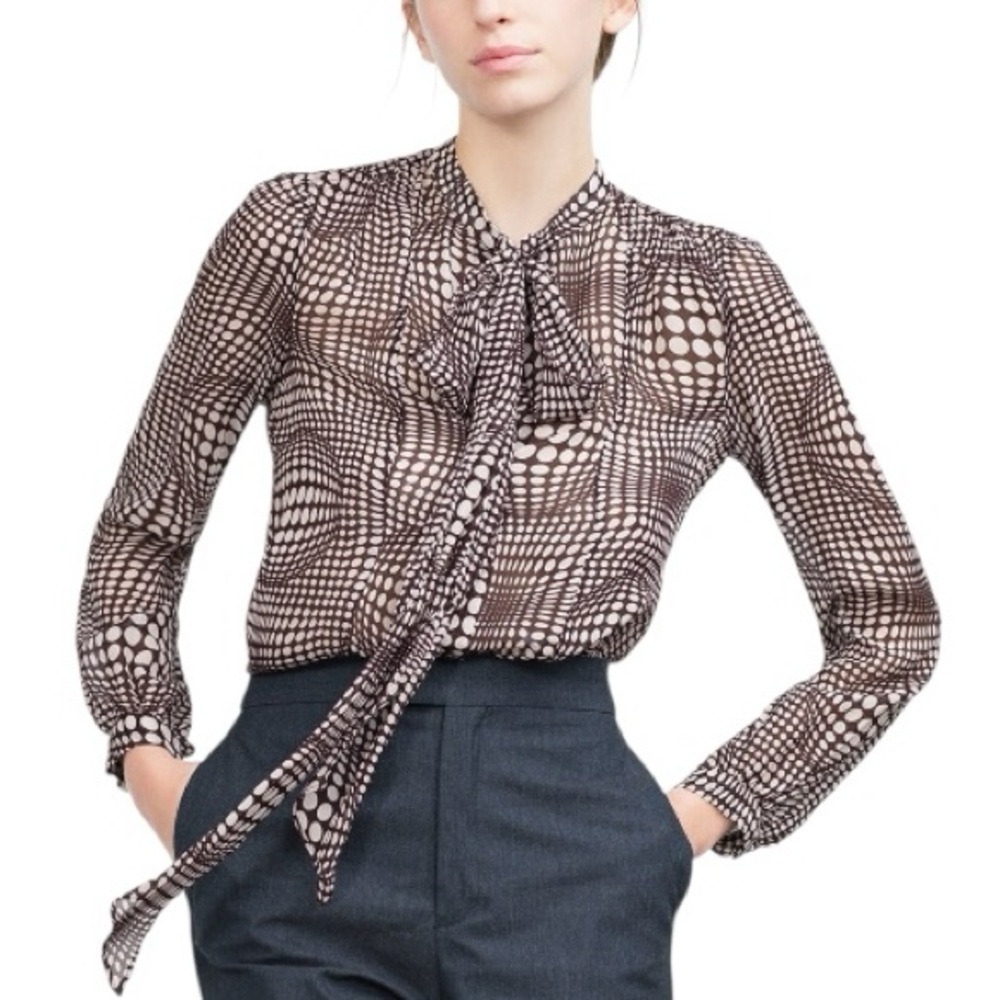 Zara Brown & Ivory Polka Dot Printed Chiffon Bow Tie Neck Pussycat Blouse - S